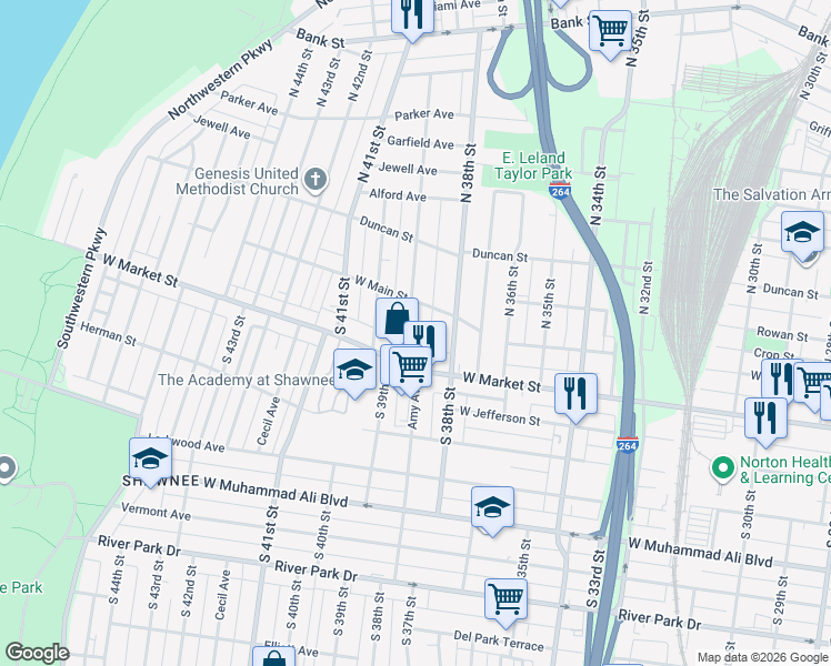 map of restaurants, bars, coffee shops, grocery stores, and more near 119 South 39th Street in Louisville