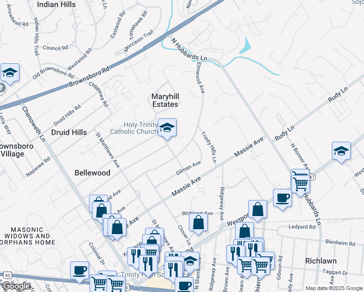 map of restaurants, bars, coffee shops, grocery stores, and more near 4066 Elmwood Avenue in Louisville