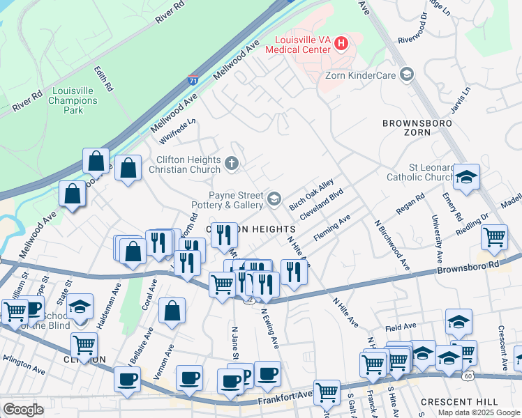 map of restaurants, bars, coffee shops, grocery stores, and more near Lindsay Avenue in Louisville