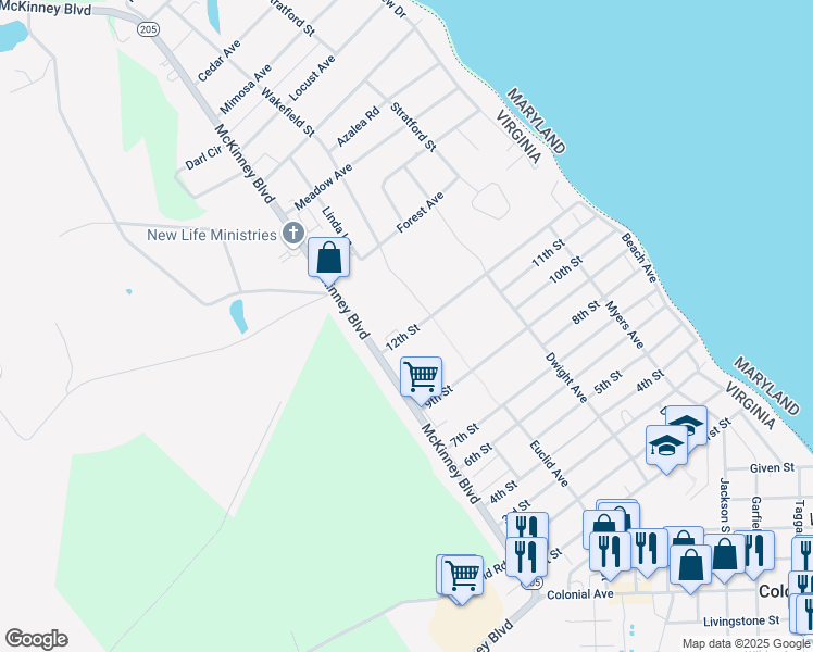 map of restaurants, bars, coffee shops, grocery stores, and more near 343 12th Street in Colonial Beach