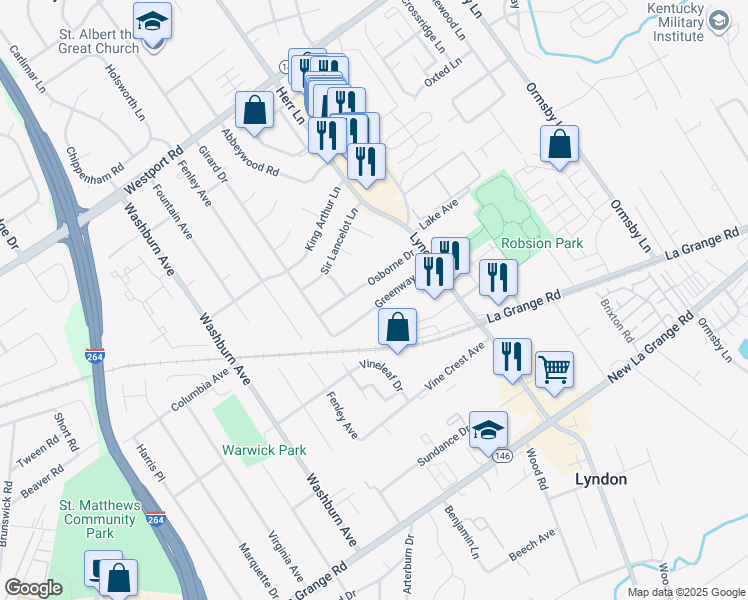 map of restaurants, bars, coffee shops, grocery stores, and more near 8002 Osborne Drive in Louisville