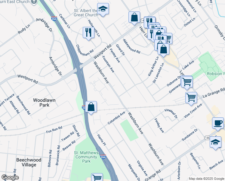 map of restaurants, bars, coffee shops, grocery stores, and more near 850 Stonemill Drive in Louisville