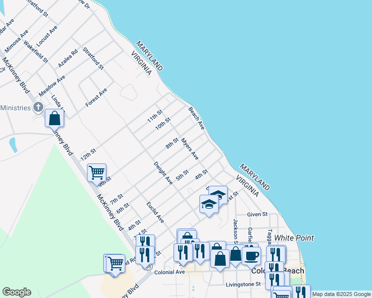 map of restaurants, bars, coffee shops, grocery stores, and more near 100 7th Street in Colonial Beach