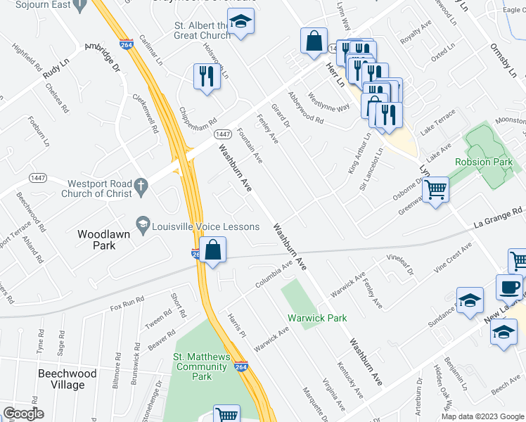 map of restaurants, bars, coffee shops, grocery stores, and more near 850 Stonemill Drive in Louisville