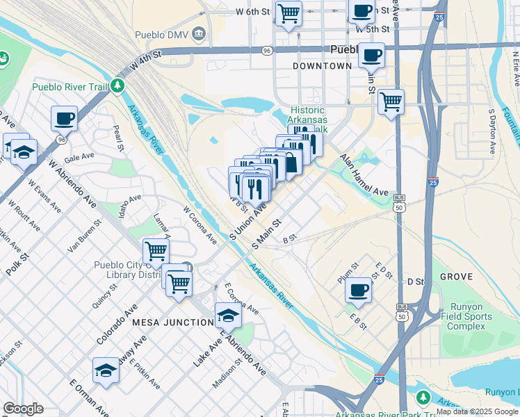 map of restaurants, bars, coffee shops, grocery stores, and more near 308 South Union Avenue in Pueblo