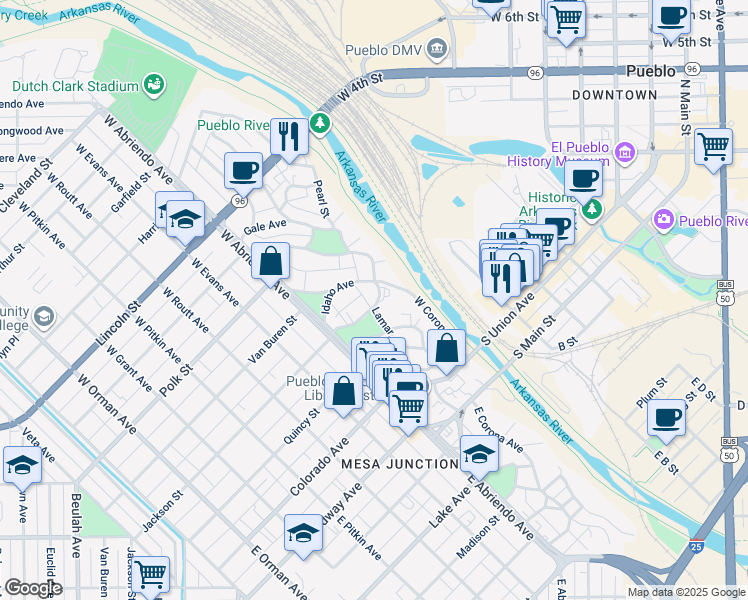 map of restaurants, bars, coffee shops, grocery stores, and more near 164 Idaho Avenue in Pueblo