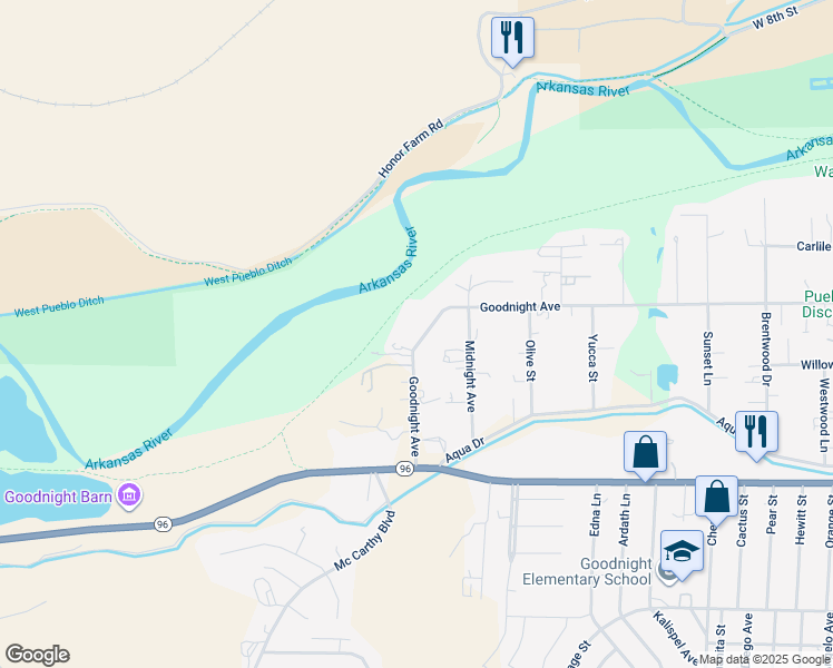 map of restaurants, bars, coffee shops, grocery stores, and more near 4535 Goodnight Avenue in Pueblo
