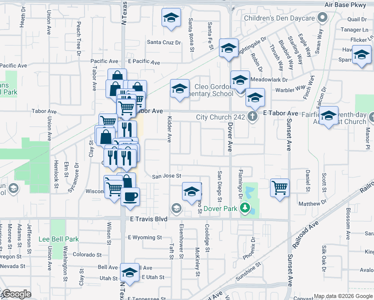 map of restaurants, bars, coffee shops, grocery stores, and more near 1856 San Benito Street in Fairfield