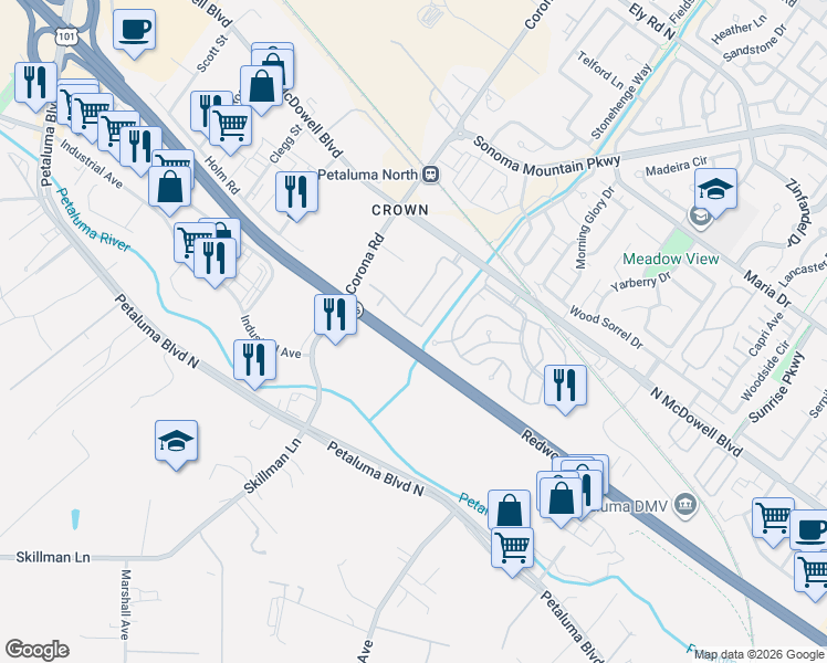 map of restaurants, bars, coffee shops, grocery stores, and more near 80 Michael Drive in Petaluma