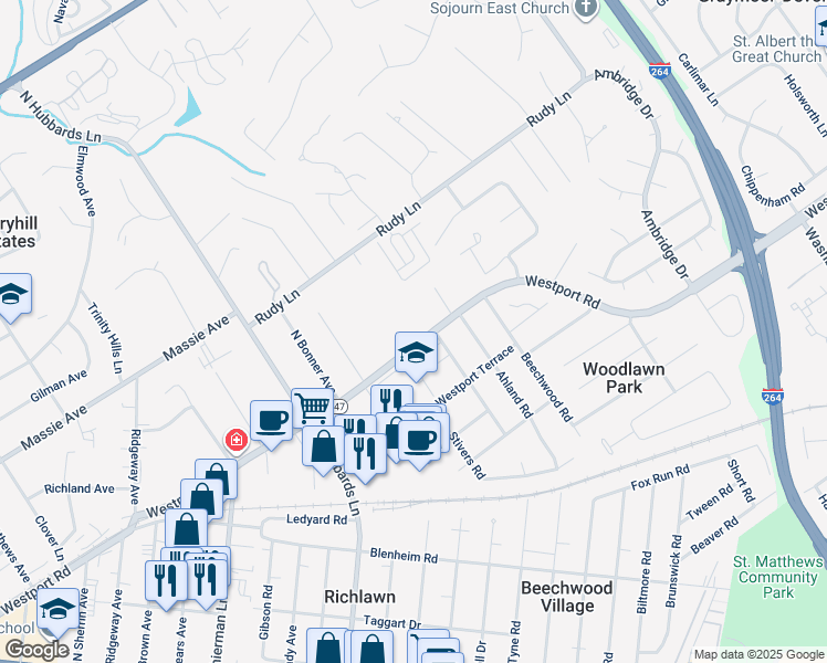 map of restaurants, bars, coffee shops, grocery stores, and more near 4247 Westport Road in Louisville