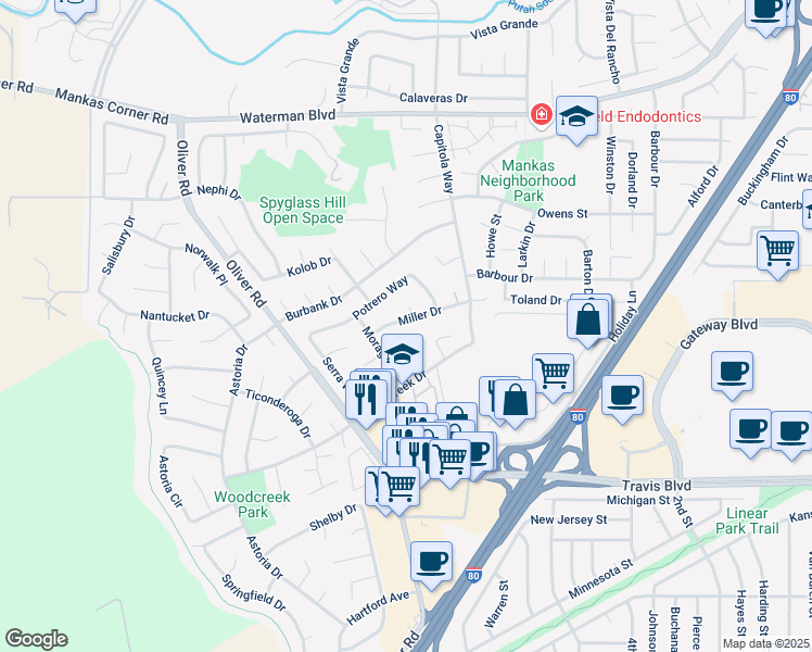 map of restaurants, bars, coffee shops, grocery stores, and more near 3015 Miller Drive in Fairfield