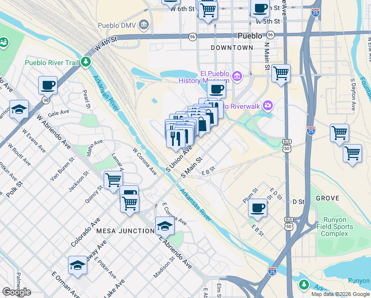 map of restaurants, bars, coffee shops, grocery stores, and more near 310 South Victoria Avenue in Pueblo