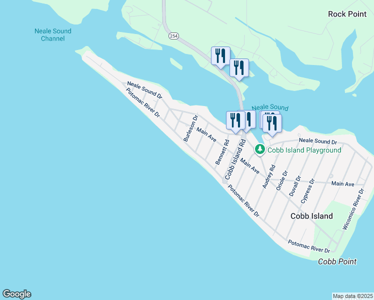 map of restaurants, bars, coffee shops, grocery stores, and more near 15153 Potomac River Drive in Cobb Island