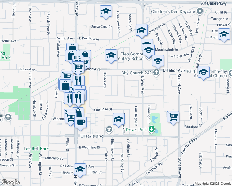 map of restaurants, bars, coffee shops, grocery stores, and more near 1856 San Benito Street in Fairfield
