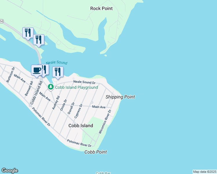 map of restaurants, bars, coffee shops, grocery stores, and more near 12530 Neale Sound Drive in Cobb Island