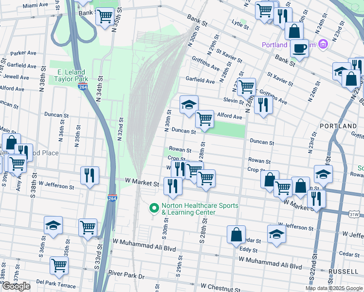map of restaurants, bars, coffee shops, grocery stores, and more near 221 North 29th Street in Louisville