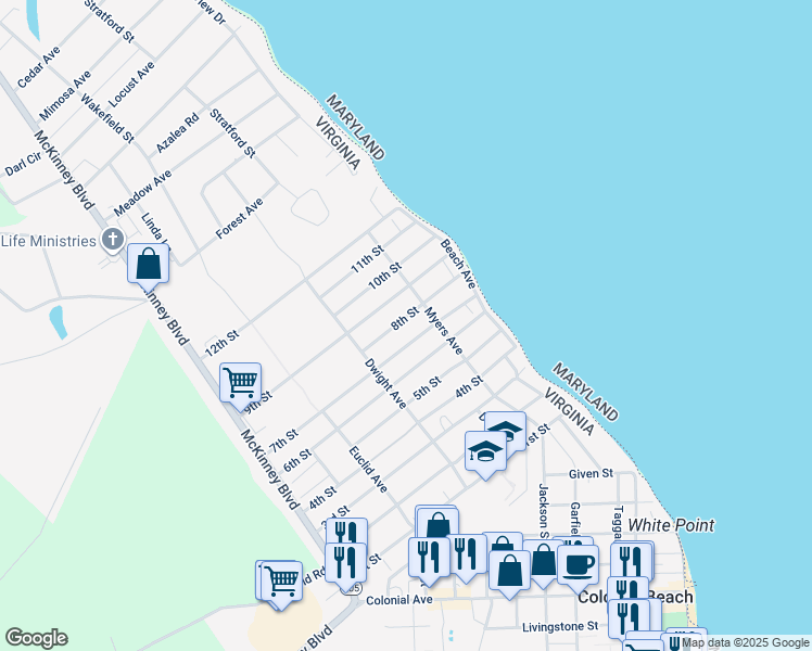 map of restaurants, bars, coffee shops, grocery stores, and more near 120 8th Street in Colonial Beach