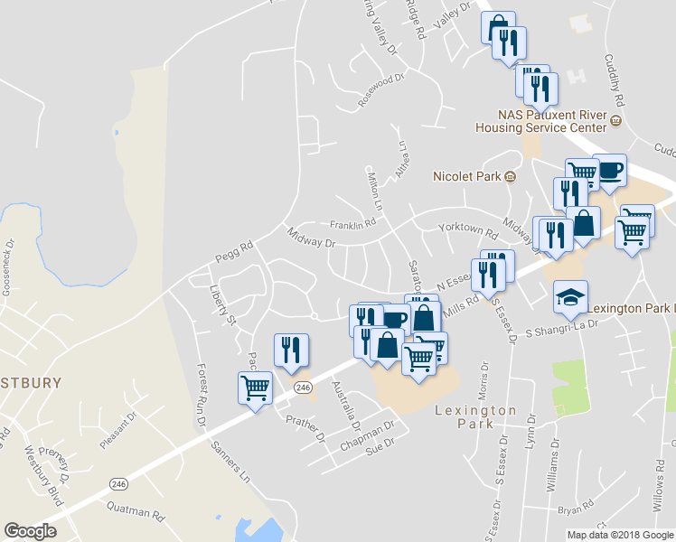 map of restaurants, bars, coffee shops, grocery stores, and more near 21687 Ranger Road in Lexington Park