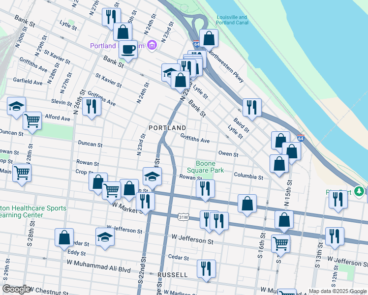 map of restaurants, bars, coffee shops, grocery stores, and more near North 21st Street in Louisville