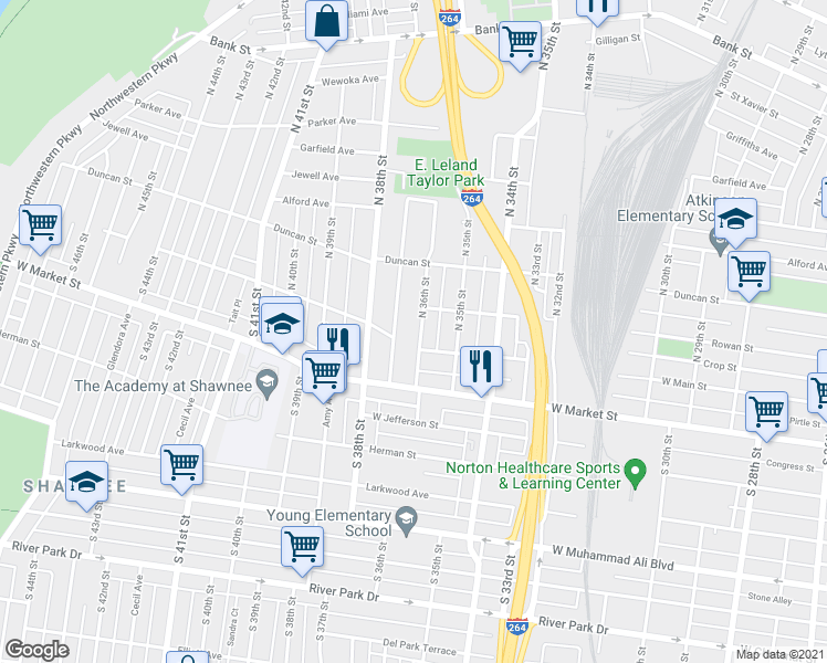 map of restaurants, bars, coffee shops, grocery stores, and more near 115 North 37th Street in Louisville