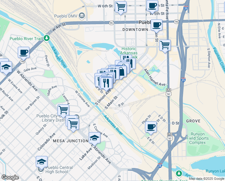 map of restaurants, bars, coffee shops, grocery stores, and more near 308 South Union Avenue in Pueblo