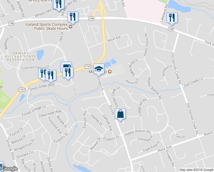 map of restaurants, bars, coffee shops, grocery stores, and more near 10601 Garden Creek Place in Louisville