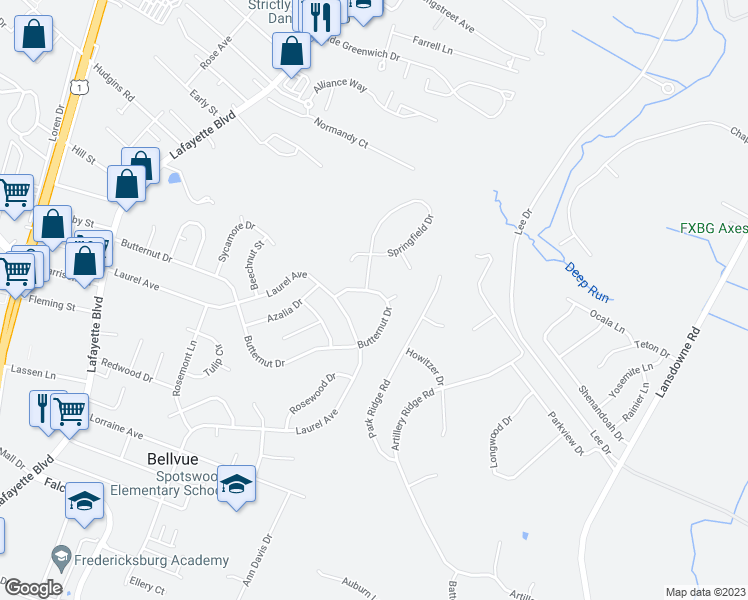 map of restaurants, bars, coffee shops, grocery stores, and more near 529 Butternut Drive in Fredericksburg