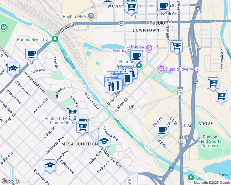 map of restaurants, bars, coffee shops, grocery stores, and more near 310 South Victoria Avenue in Pueblo