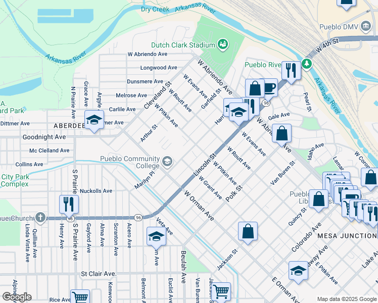 map of restaurants, bars, coffee shops, grocery stores, and more near 401-499 Harrison St in Pueblo