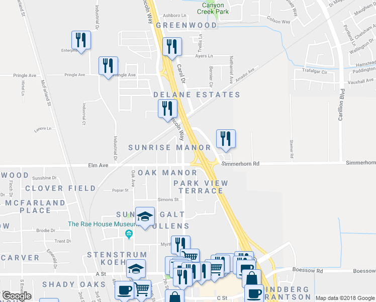 map of restaurants, bars, coffee shops, grocery stores, and more near 464 Sunset Drive in Galt