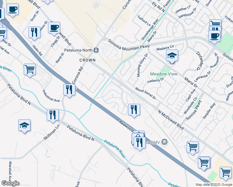 map of restaurants, bars, coffee shops, grocery stores, and more near 559 Sonoma Drive in Petaluma