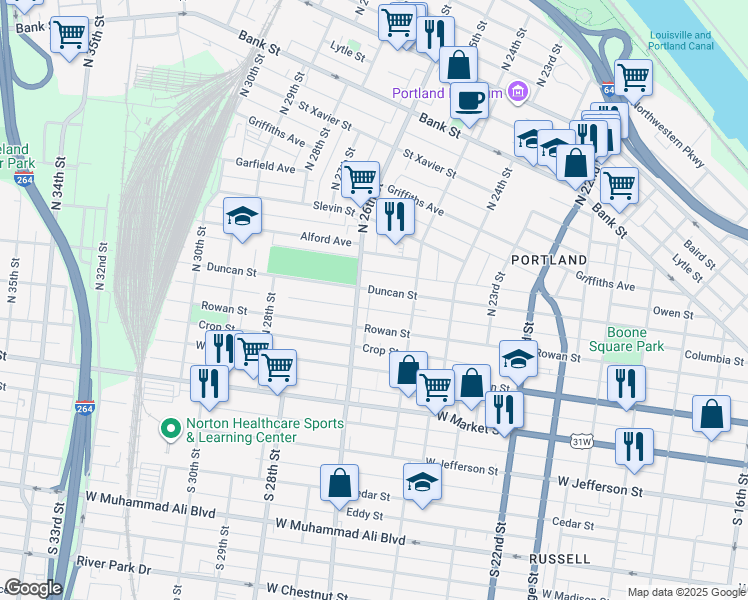 map of restaurants, bars, coffee shops, grocery stores, and more near 2539 Duncan Street in Louisville