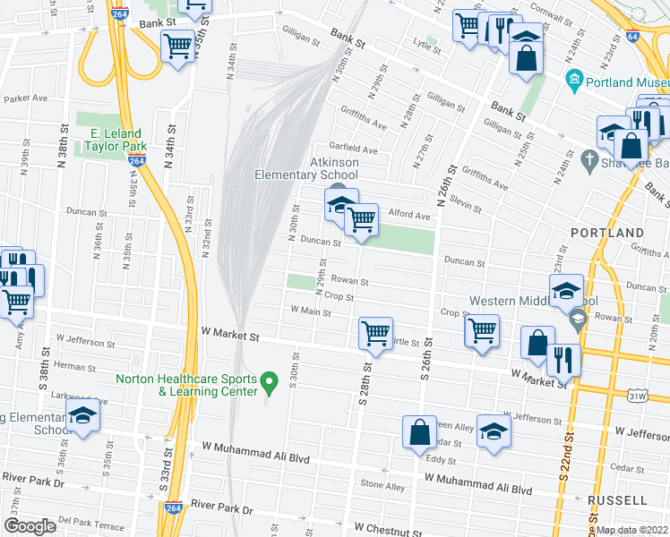 map of restaurants, bars, coffee shops, grocery stores, and more near 221 North 29th Street in Louisville