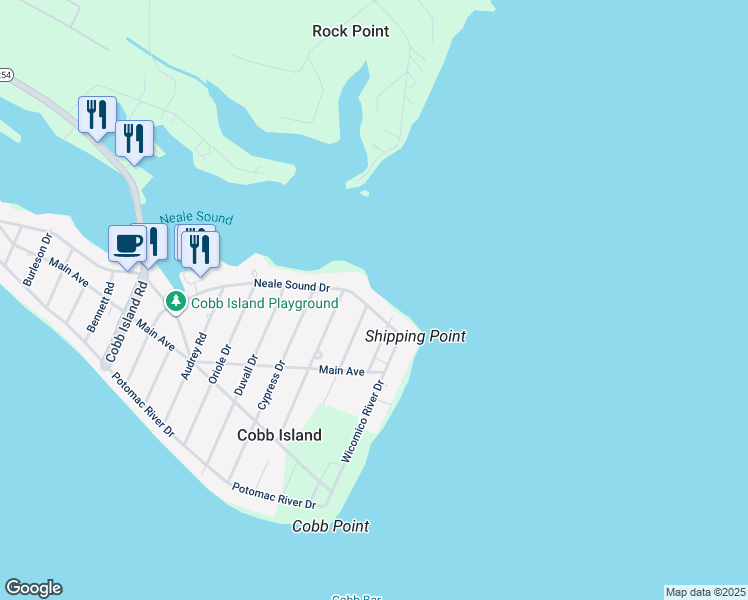 map of restaurants, bars, coffee shops, grocery stores, and more near 12530 Neale Sound Drive in Cobb Island
