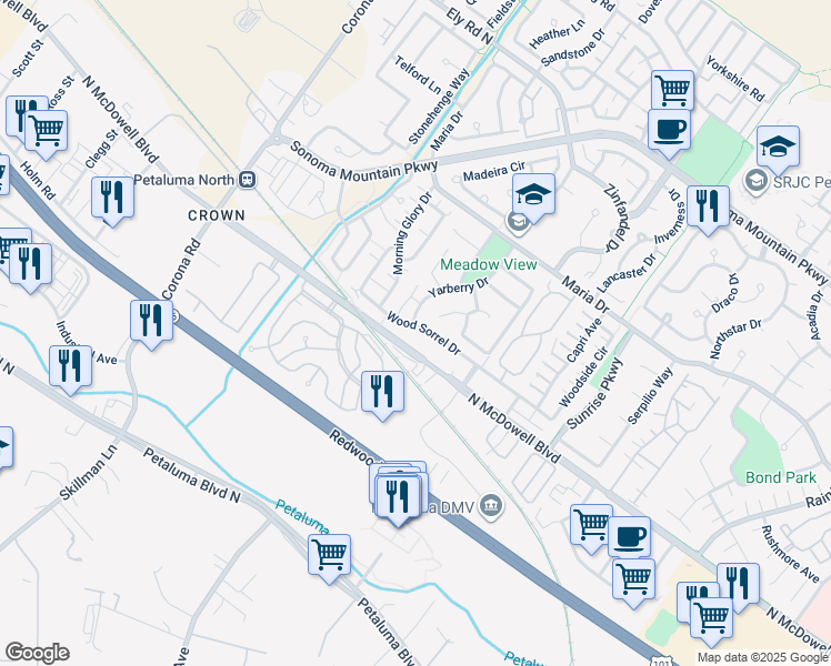 map of restaurants, bars, coffee shops, grocery stores, and more near 855 Wood Sorrel Drive in Petaluma