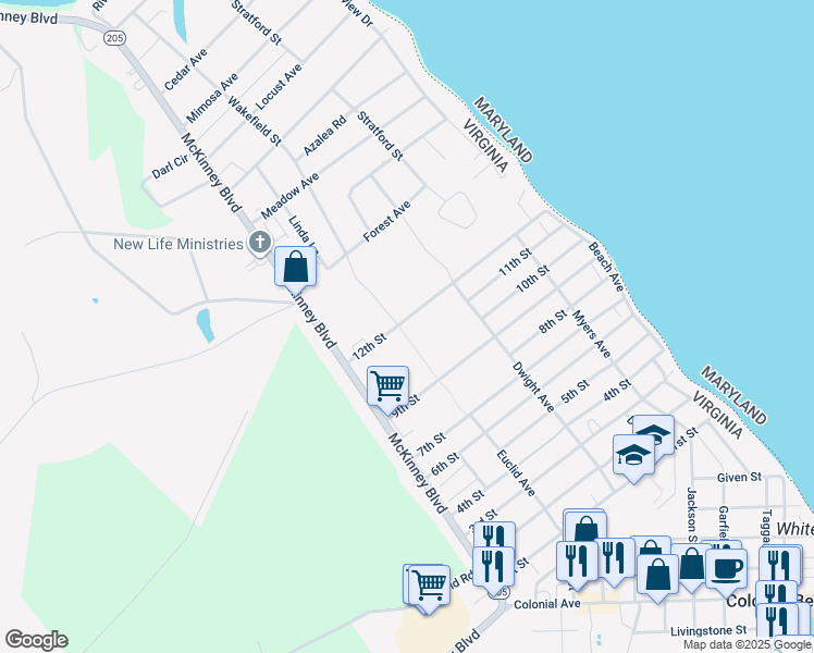 map of restaurants, bars, coffee shops, grocery stores, and more near 250 12th Street in Colonial Beach
