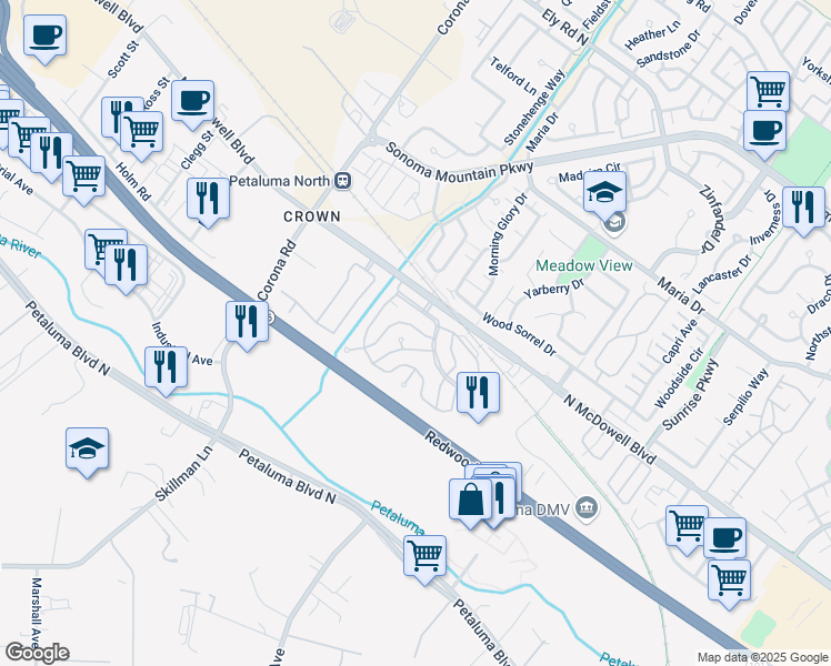 map of restaurants, bars, coffee shops, grocery stores, and more near 559 Sonoma Drive in Petaluma