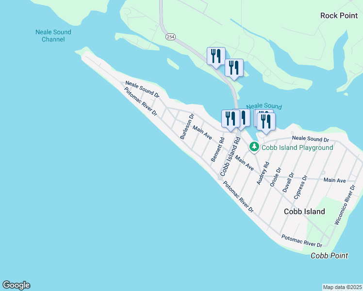 map of restaurants, bars, coffee shops, grocery stores, and more near 15153 Potomac River Drive in Cobb Island