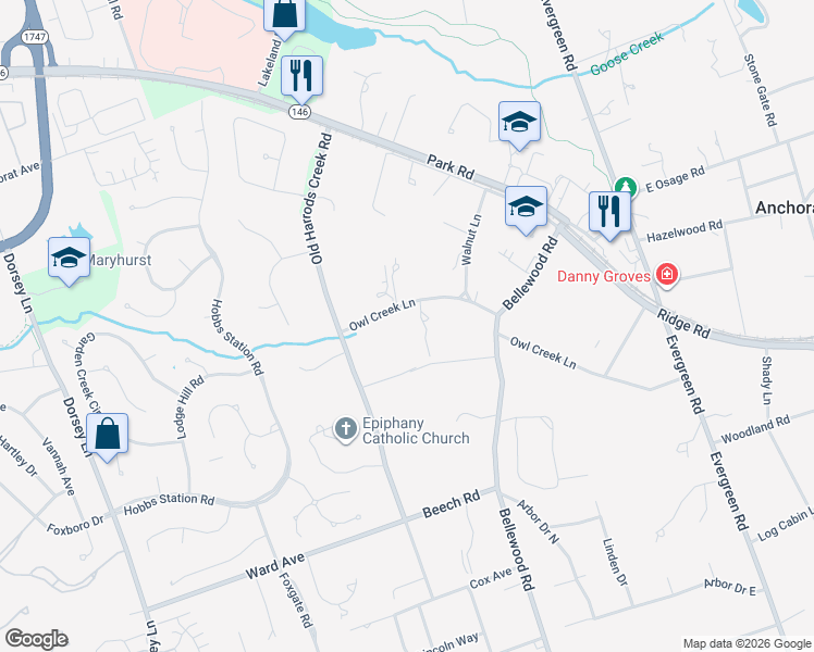 map of restaurants, bars, coffee shops, grocery stores, and more near 11104 Owl Creek Ln in Anchorage