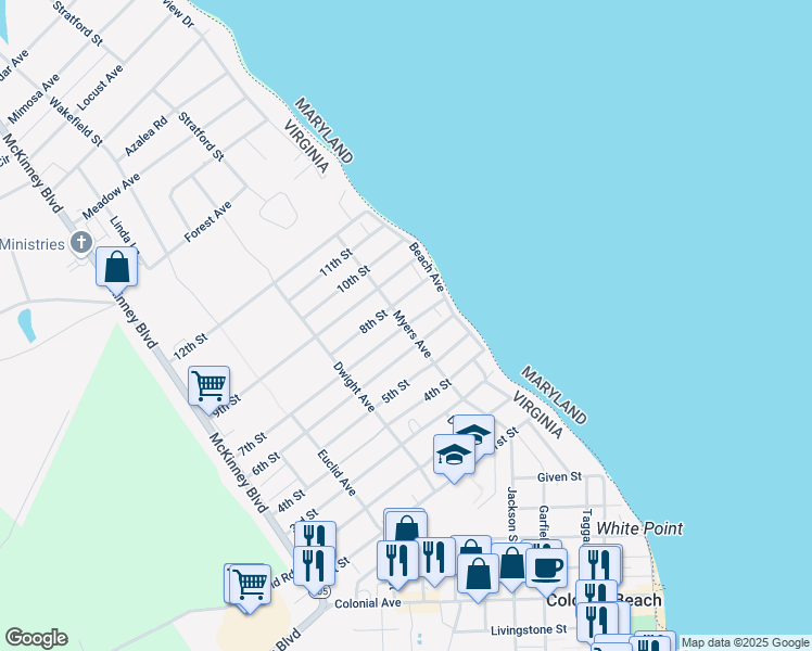 map of restaurants, bars, coffee shops, grocery stores, and more near 98 7th Street in Colonial Beach