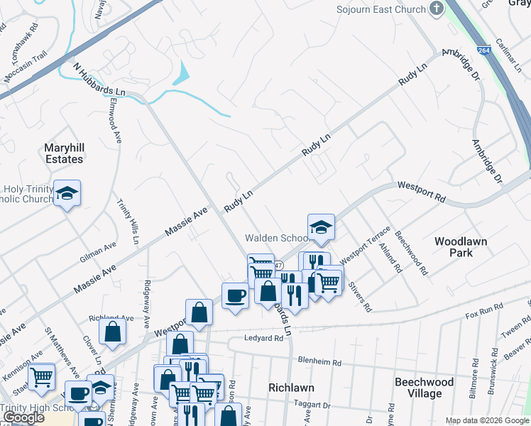 map of restaurants, bars, coffee shops, grocery stores, and more near 318 Castleview Drive in Louisville