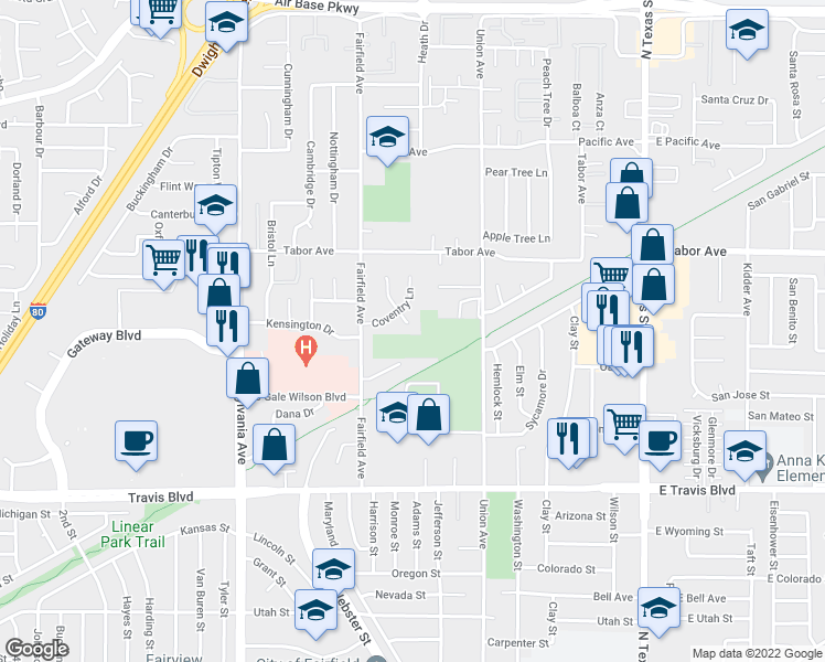 map of restaurants, bars, coffee shops, grocery stores, and more near 1817 Winchester Court in Fairfield
