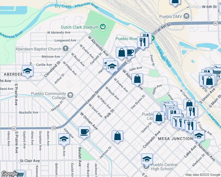 map of restaurants, bars, coffee shops, grocery stores, and more near 216 Lincoln Street in Pueblo