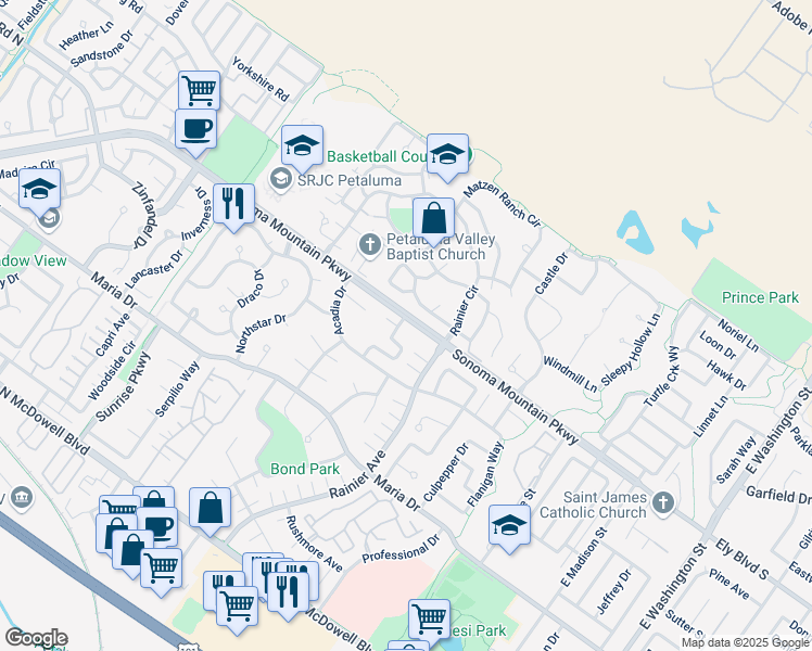 map of restaurants, bars, coffee shops, grocery stores, and more near 531 Greenwich Street in Petaluma