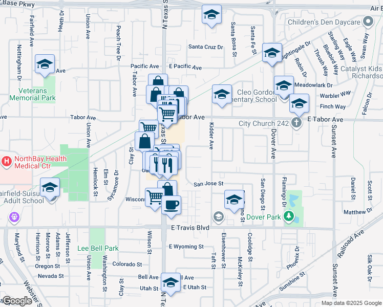 map of restaurants, bars, coffee shops, grocery stores, and more near 1824 San Jose Place in Fairfield