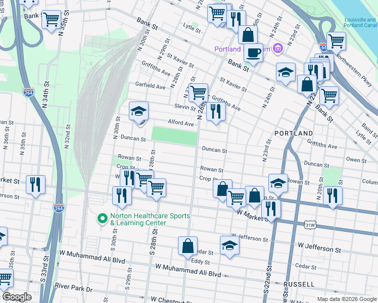 map of restaurants, bars, coffee shops, grocery stores, and more near 2610 Duncan Street in Louisville