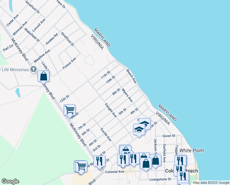 map of restaurants, bars, coffee shops, grocery stores, and more near 120 8th Street in Colonial Beach