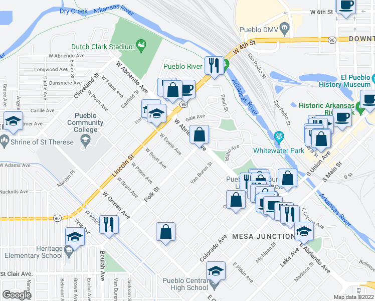 map of restaurants, bars, coffee shops, grocery stores, and more near 124 Tyler Street in Pueblo