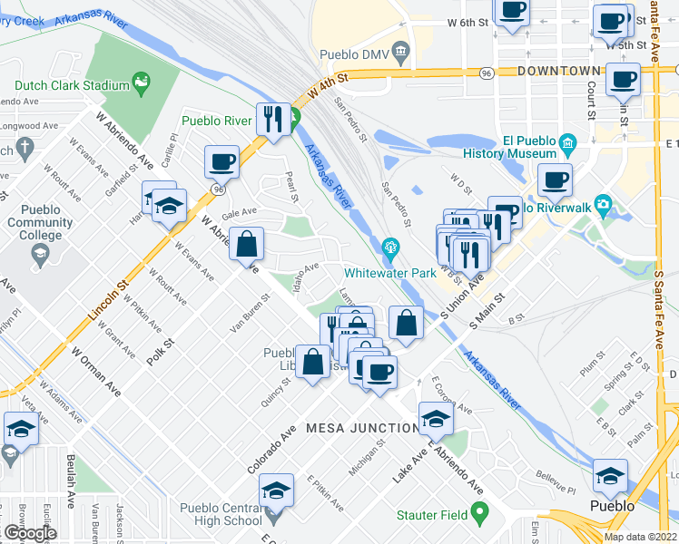 map of restaurants, bars, coffee shops, grocery stores, and more near 269 Lamar Avenue in Pueblo