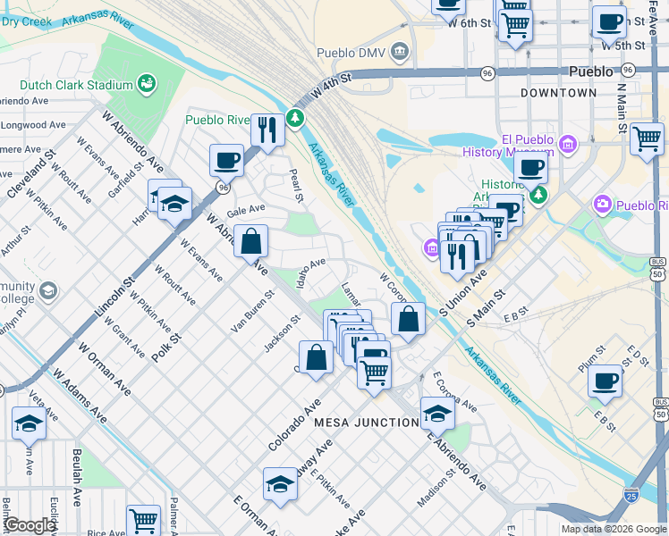 map of restaurants, bars, coffee shops, grocery stores, and more near 164 Idaho Avenue in Pueblo